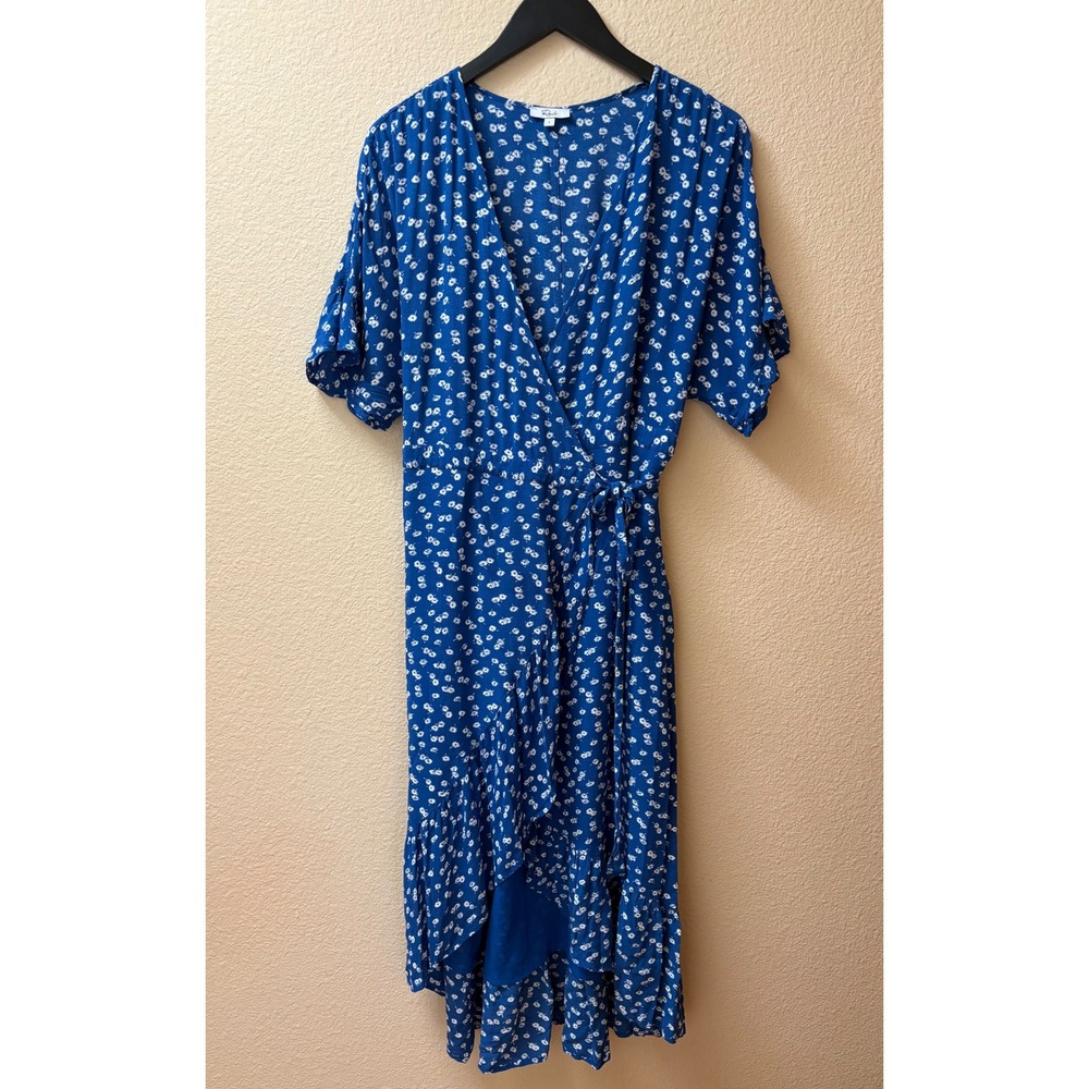 Rails Blue White Floral Midi Wrap Dress Short Sleeve Ruffle Hem Womens Large